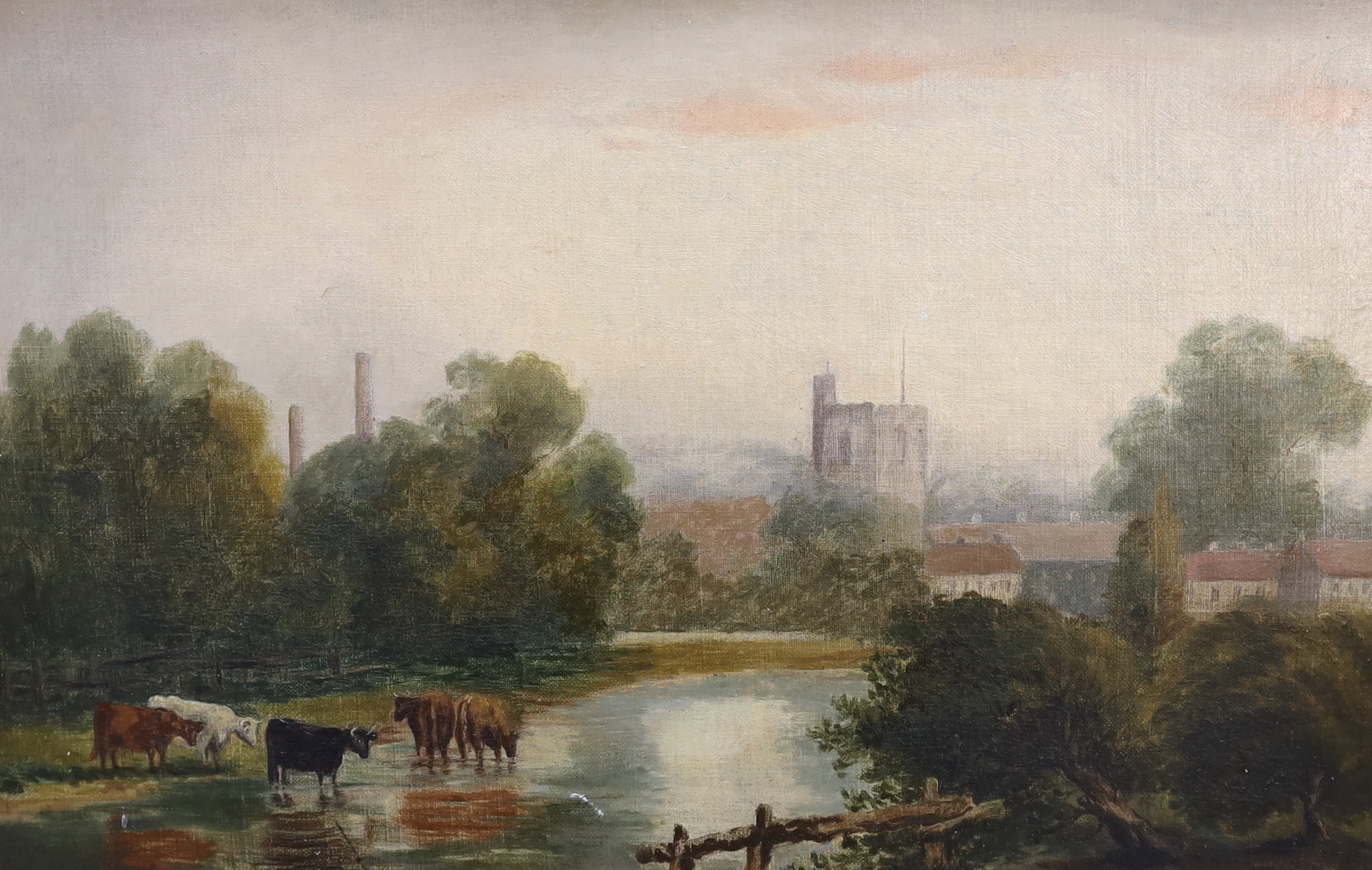 Two late 19th / early 20th century oils on canvas, Figure on a pathway and cattle beside a stream, each unsigned, largest 37 x 46cm, ornate gilt framed